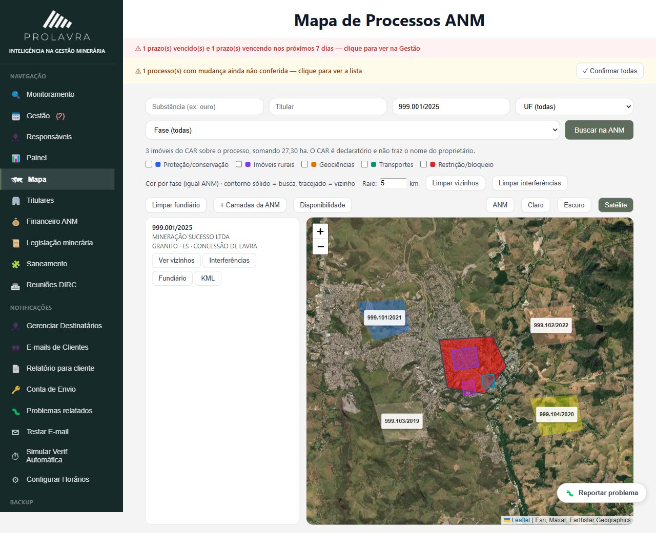 Aba Mapa mostrando a poligonal de um processo, os processos vizinhos em cores por fase e os imóveis do Cadastro Ambiental Rural sobre a área